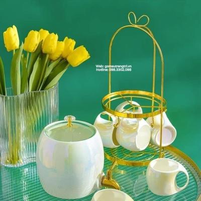 BỘ BÌNH NƯỚC SỨ TRẮNG KÈM GIÁ TREO CAO CẤP